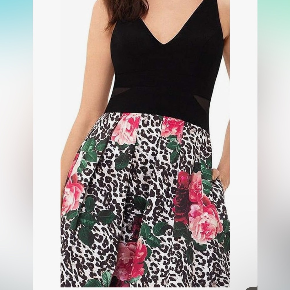 Xscape Black and Pink Floral Leopard Mini Dress - Picture 3 of 9